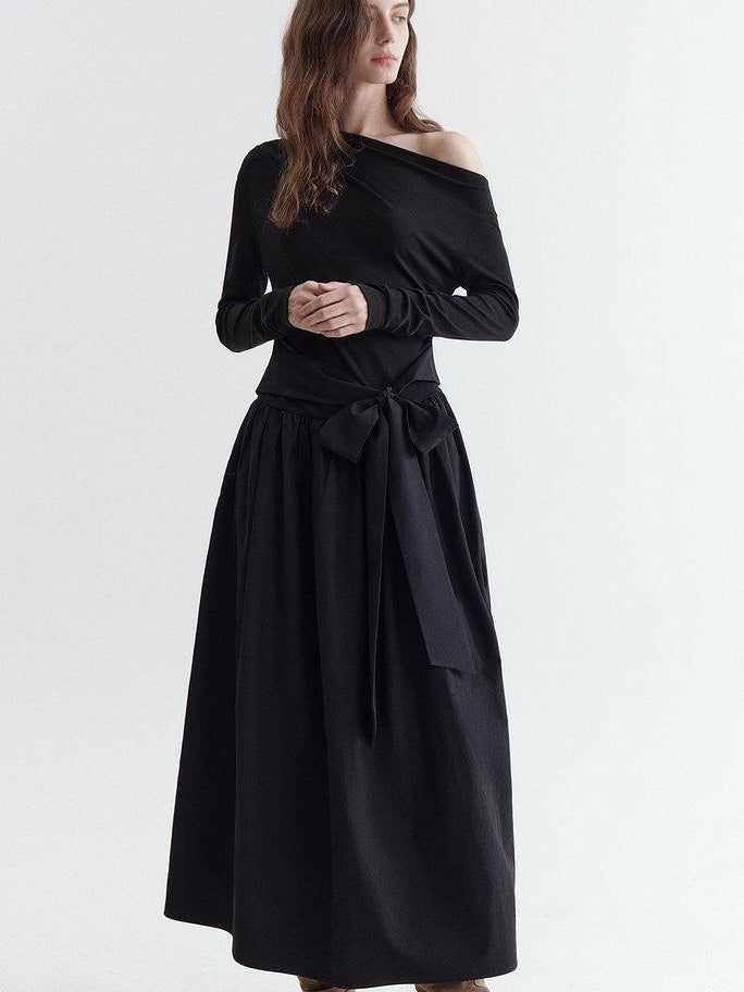 fano Viscose Blend Asymmetric Neck A Line Long Sleeve Workwear Women Maxi Dresses