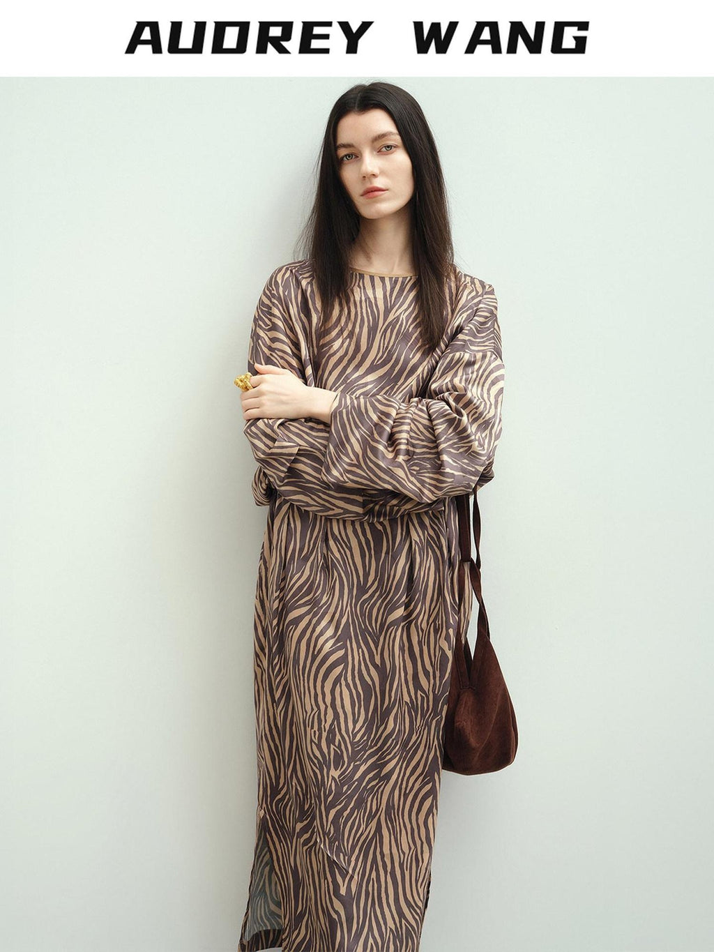 audreyyang Soft 100% Polyester Cinched Waist Long Sleeve Floral Women Maxi Dresses