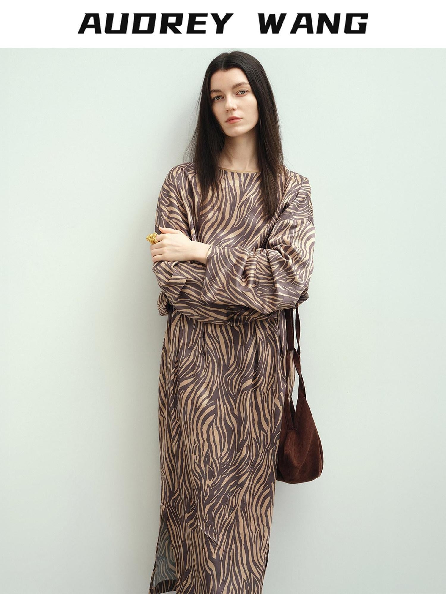 audreyyang Soft 100% Polyester Cinched Waist Long Sleeve Floral Women Maxi Dresses