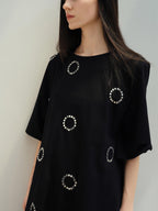 Rhinestone Asymmetric Loose Commuter Cotton Black Women Short Sleeve T-Shirts