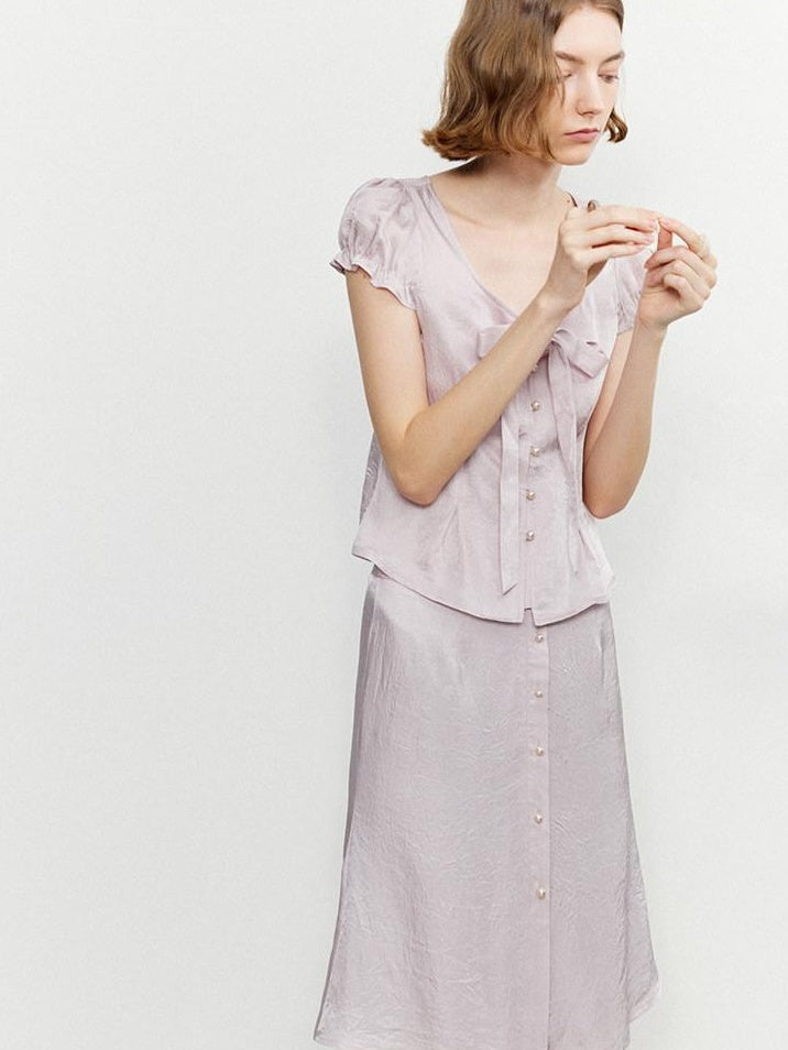 someone sometimes Tie Front V-neck Puff Sleeve Slim Casual Love Print Acetate Women Blouses