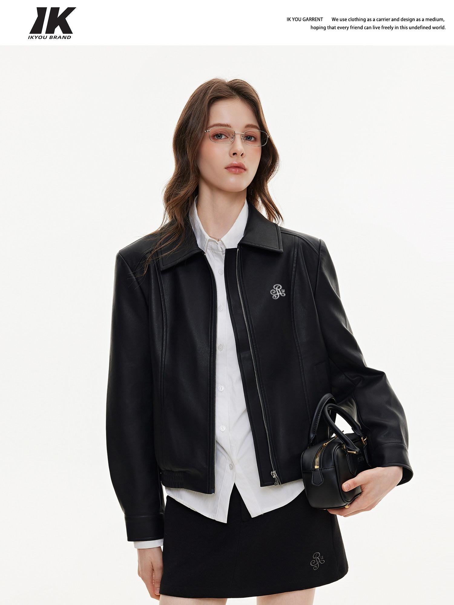 ikyou Durable Unisex Slim Fit Glossy Pu Black Lapel Zipper Short Leather Jackets