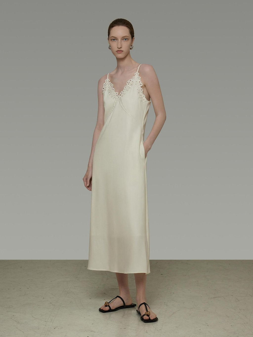 unspoken Embroidered Tencel A Line Cami V-neck Natural Waist Office White Maxi Dresses