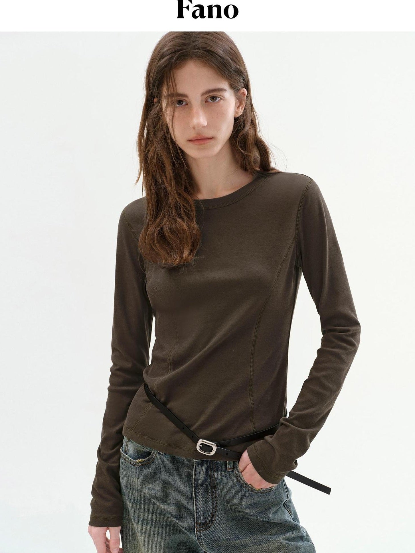 fano Lyocell Blend Slim Fit Minimal Commuter Crew Neck Women Long Sleeve T-Shirts