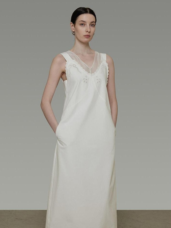 unspoken Soft 100 Percent Cotton Crochet V-neck Sleeveless Office White Maxi Dresses