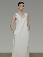 unspoken Soft 100 Percent Cotton Crochet V-neck Sleeveless Office White Maxi Dresses