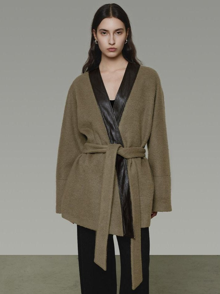 unspoken Minimal Patchwork Loose Fit V-neck Tie Closure Women Commuter Wool Coats