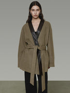 unspoken Minimal Patchwork Loose Fit V-neck Tie Closure Women Commuter Wool Coats