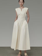 unspoken High Waist Colorblock V-neck Sleeveless Workwear A Line Cotton Maxi Dresses
