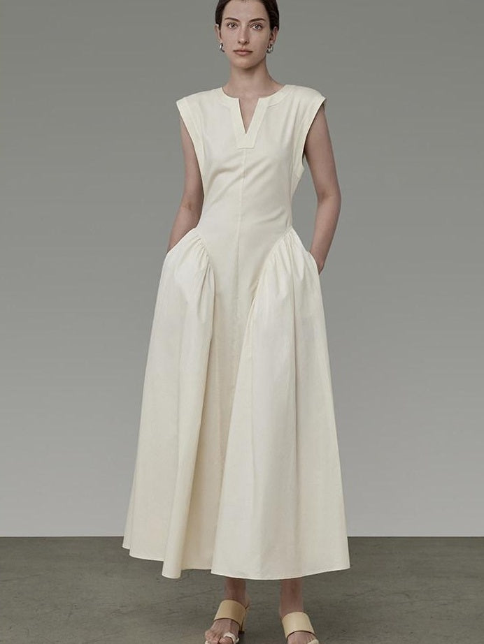 unspoken High Waist Colorblock V-neck Sleeveless Workwear A Line Cotton Maxi Dresses