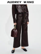 audreyyang Pu Faux Leather Casual Natural Waist Zip Fly Women Straight Pants