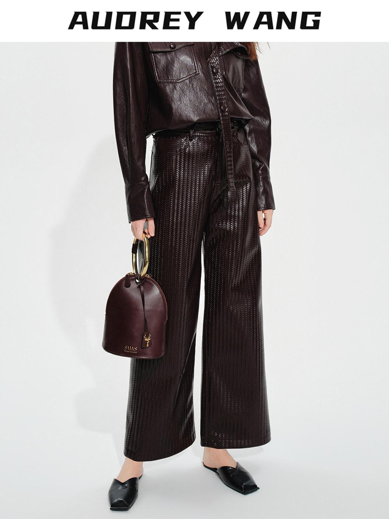 audreyyang Pu Faux Leather Casual Natural Waist Zip Fly Women Straight Pants