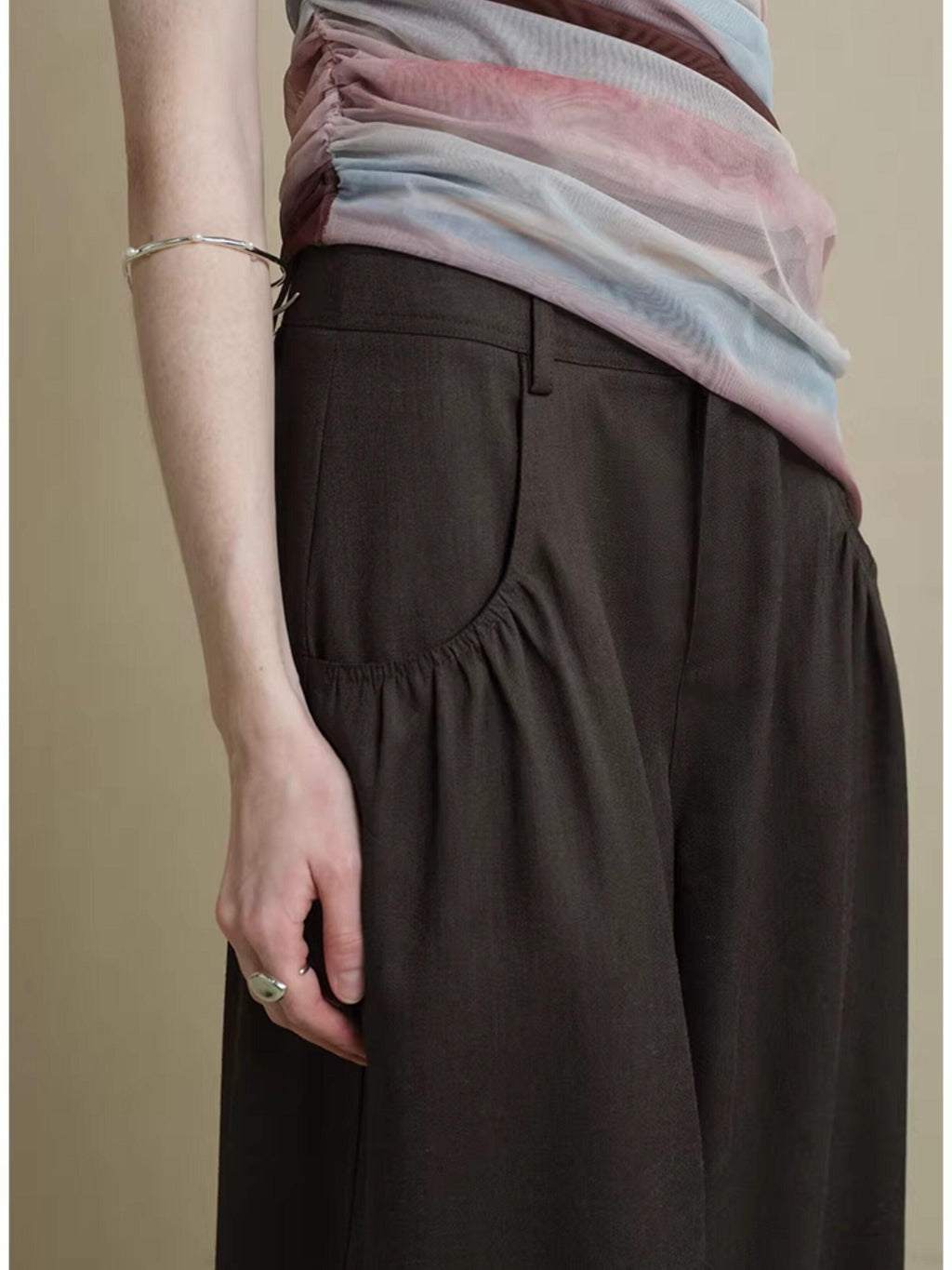 someonesometimes Comfort Minimalist Elastic Natural Waist Office Dark Brown Wide Leg Pants
