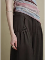someonesometimes Comfort Minimalist Elastic Natural Waist Office Dark Brown Wide Leg Pants