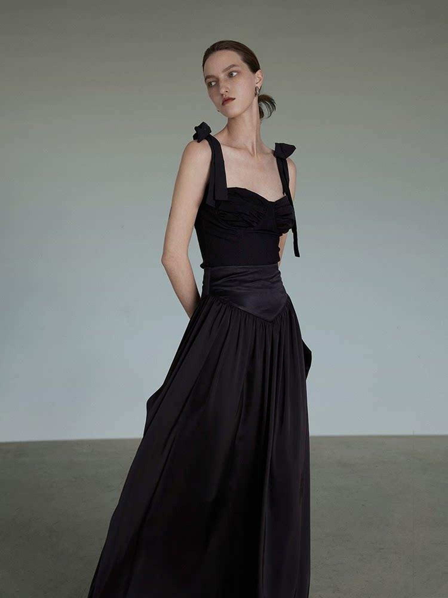 unspoken Light Sheen Black High Waist A Line Minimal Office Stretch Maxi Skirts
