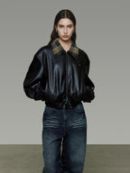 unspoken Commuter Loose Cropped Colorblock Patchwork Lapel Zipper Leather Jackets