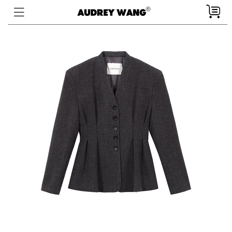 audreyyang_Waist_Cinch_Slim_Casual_V-neck_Single_Breasted_Women_Office_Black_Wool_Coats_MISSTT