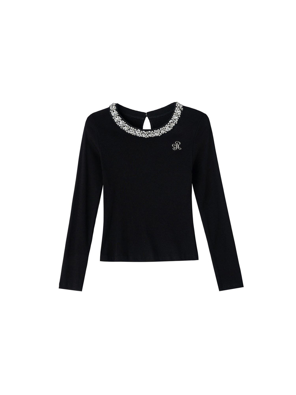 ikyou Rhinestone Soft Cotton Blend Slim Fit Workwear Black Long Sleeve T-Shirts