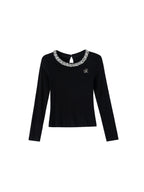 ikyou Rhinestone Soft Cotton Blend Slim Fit Workwear Black Long Sleeve T-Shirts