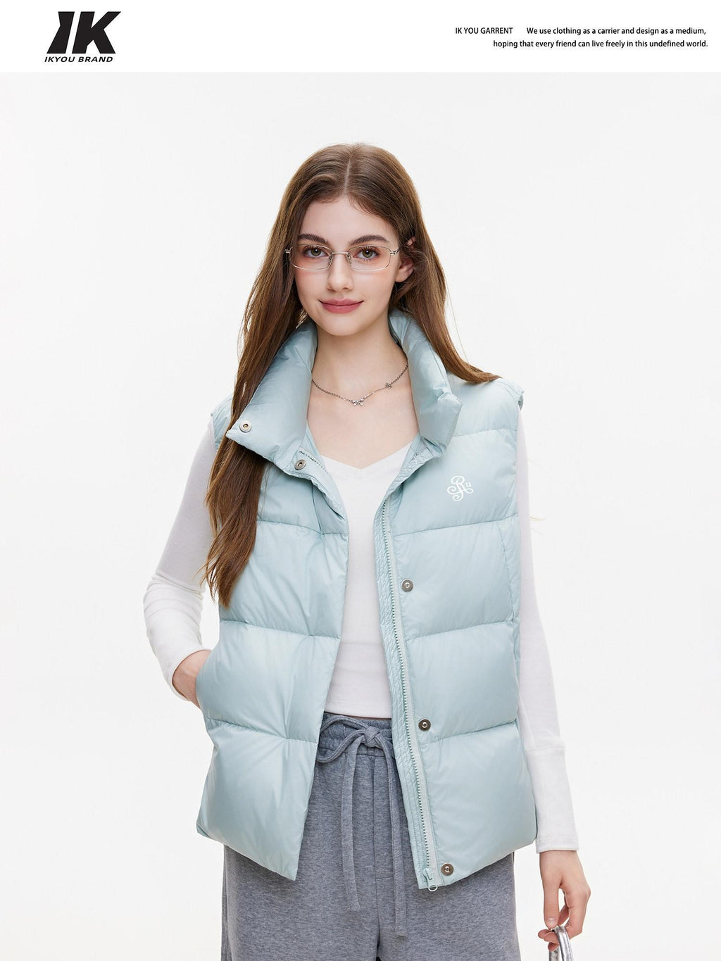 ikyou Warm Thick Sleeveless Stand Collar Straight Commuter Sky Blue Puffer Jackets
