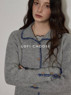 Lofi choose Lace Trim Contrast Edge Turn Down Collar Hand Crochet Office Knit Cardigans