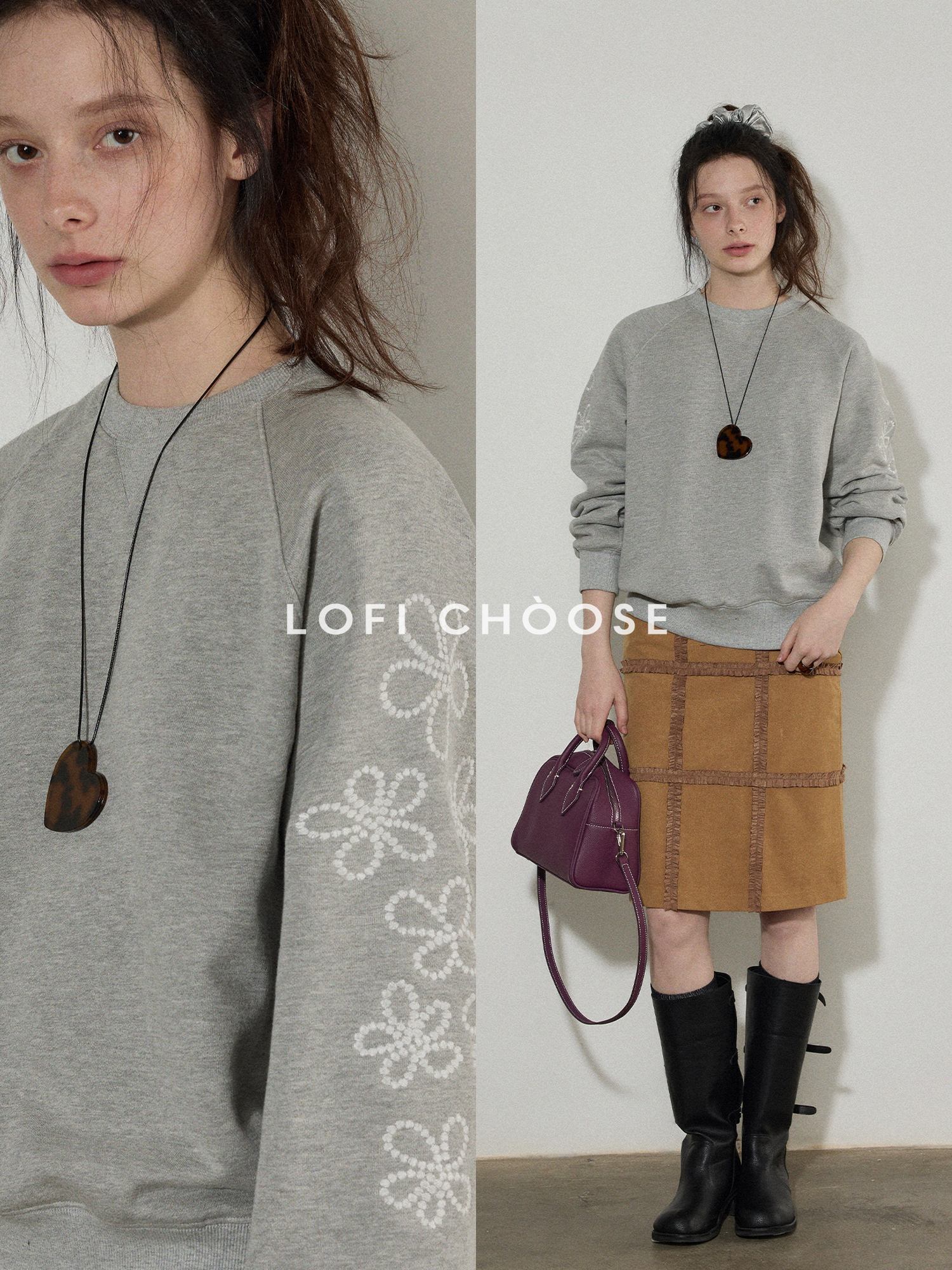 Lofi choose Floral Print Loose Fit Office Crewneck Women Blue Gray Long Sleeve Sweatshirt