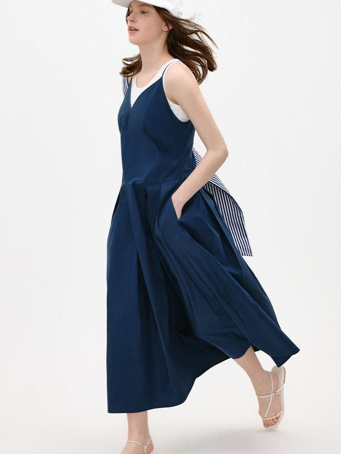 fano Cotton Spaghetti Strap A Line V-neck Office Antique Blue Maxi Dresses
