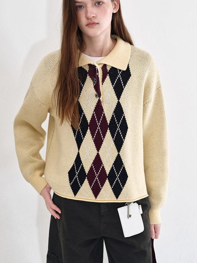 fano Cotton Cashmere Warm Vintage Loose Rolled Edge Pullover Casual Argyle Sweaters