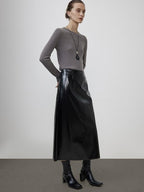 unspoken High Waist Pu Leather A Line Lined Black Commuter Skirt For Women Midi Skirts