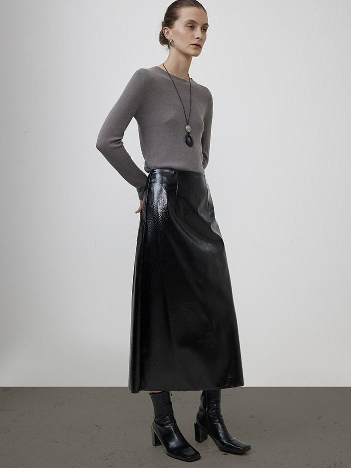 unspoken High Waist Pu Leather A Line Lined Black Commuter Skirt For Women Midi Skirts