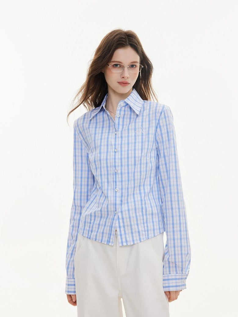 ikyou Uv Protection Embroidered Slim Collared Plaid Cardigan Girls Cotton Shirts
