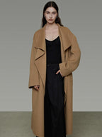 unspoken Thick 100 Percent Sheep Wool Long Loose Lapel Minimalist Sand Brown Wool Coats