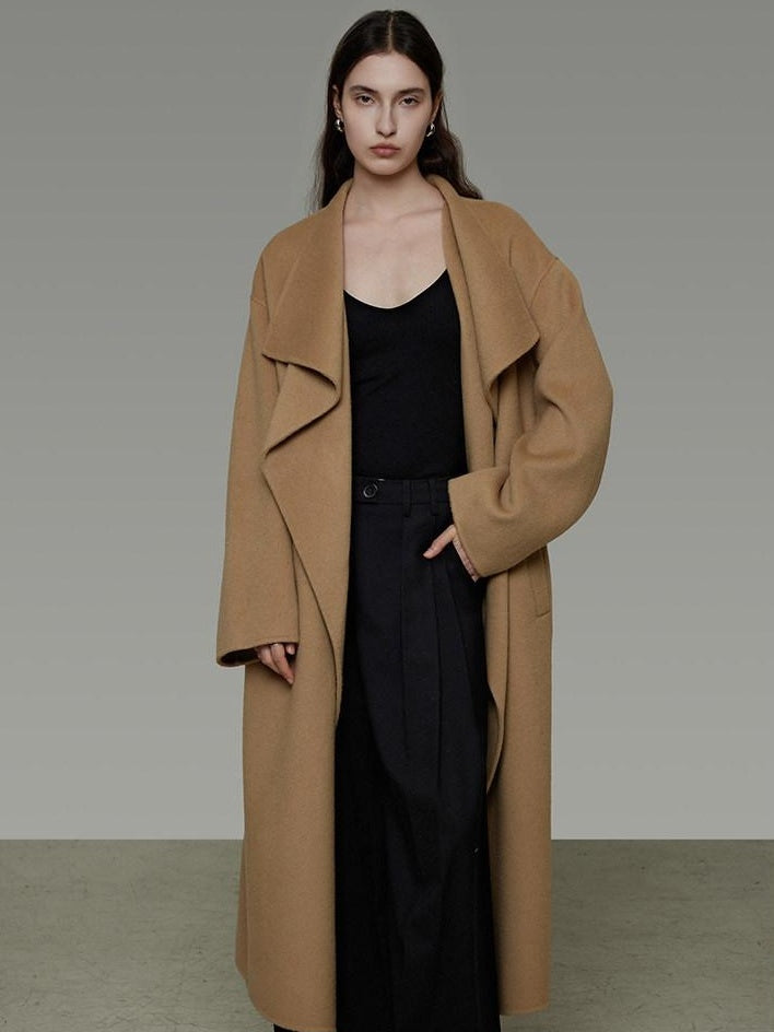 unspoken Thick 100 Percent Sheep Wool Long Loose Lapel Minimalist Sand Brown Wool Coats