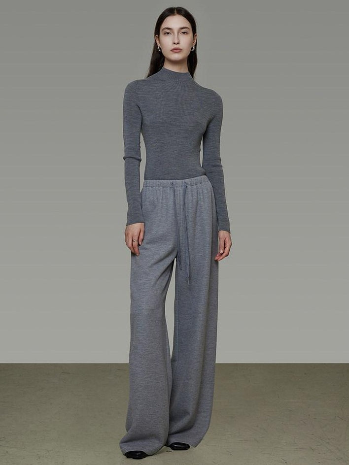 unspoken Breathable High Rise Tie Waist Office Solid Light Gray Poly Blend Wide Leg Pants