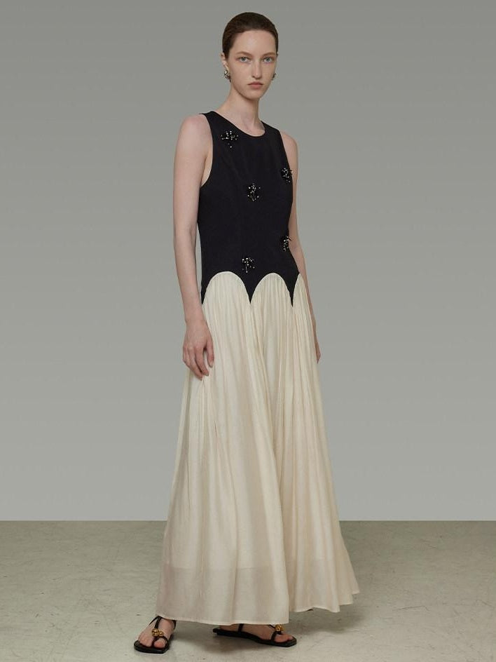 unspoken Elegant Beaded High Waist A Line Sleeveless Office Polyester Maxi Dresses