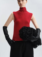 audreyyang Paris Red Slim 100 Percent Sheep Wool High Neck Sleeveless Off Shoulder Crop Tops