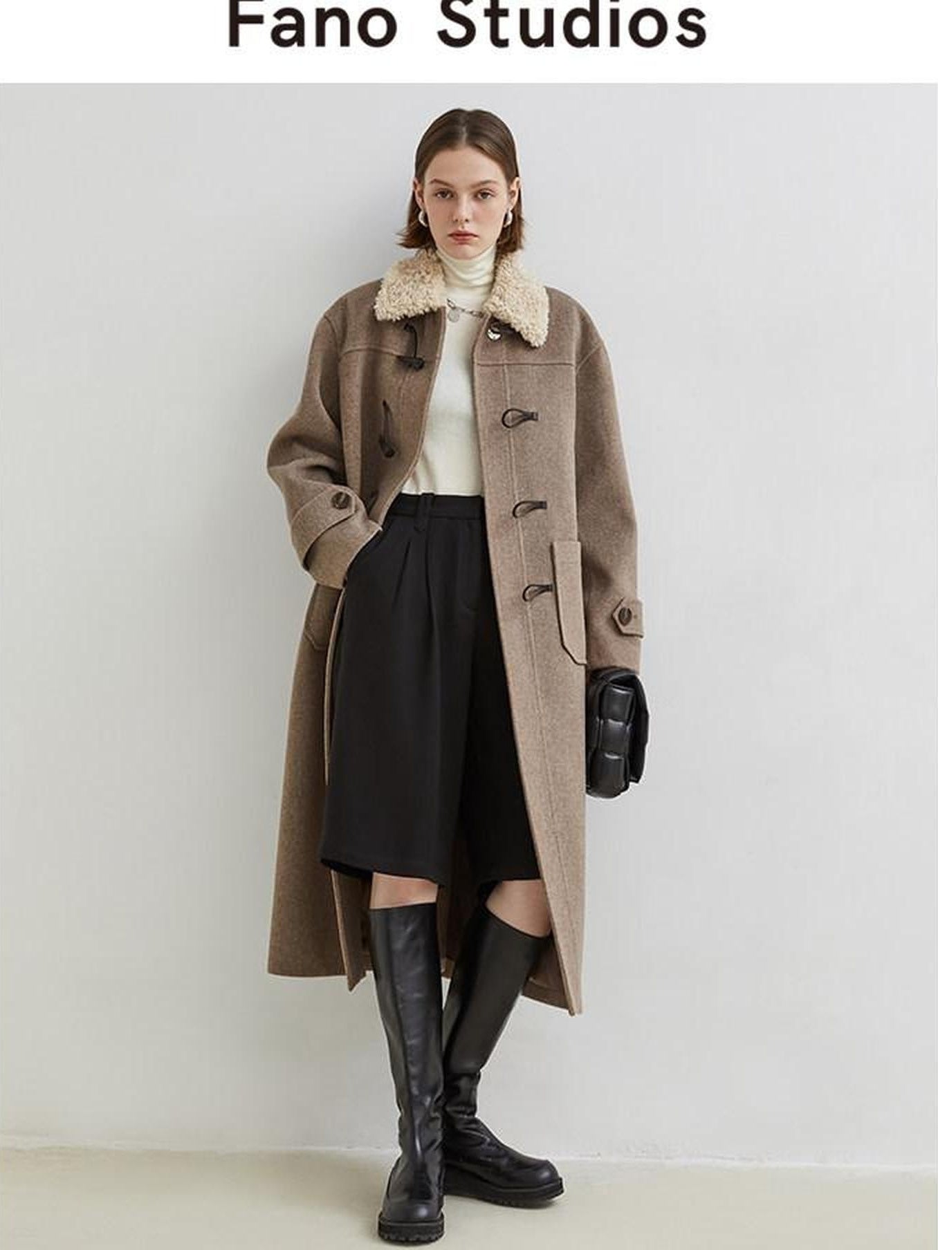fano Thick Minimalist Commuter Straight Long Stand Collar Toggle Women Wool Coats