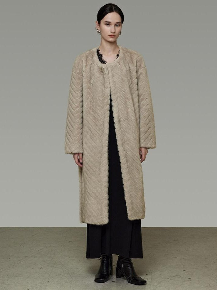 unspoken Warm Thick Beige Loose Fit Collarless Mid Length Commuter Women Long Coats