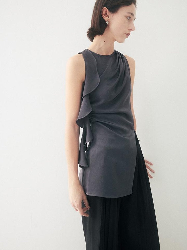 someonesometimes Satin Strappy Original Design Slim Fit Elegant Gray Off Shoulder Crop Tops