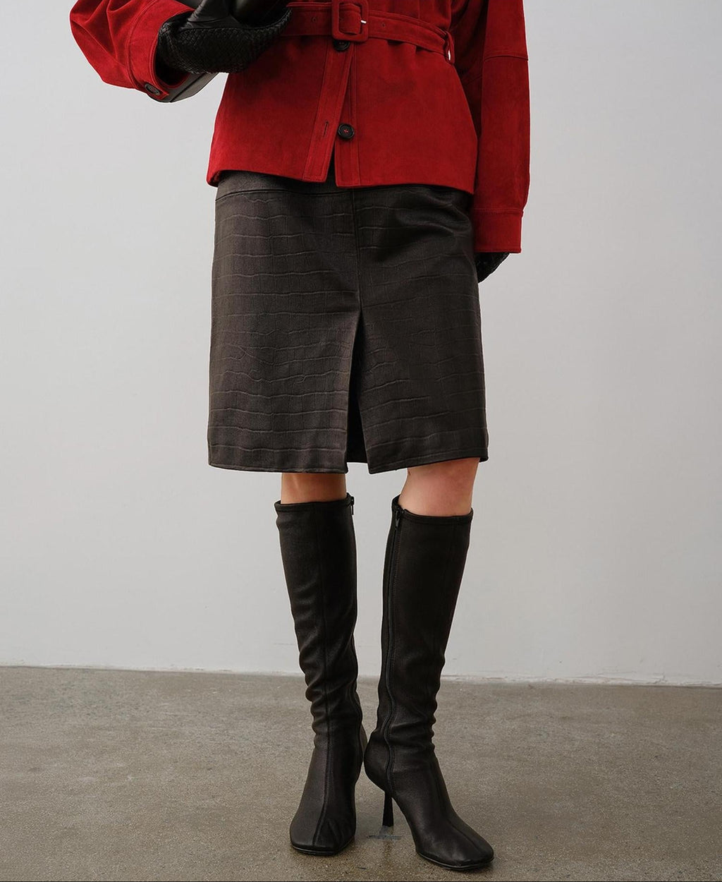 audreyyang Premium Sheepskin Mid Waist Straight Front Slit Black Women Leather Midi Skirts