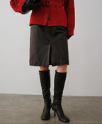audreyyang Premium Sheepskin Mid Waist Straight Front Slit Black Women Leather Midi Skirts