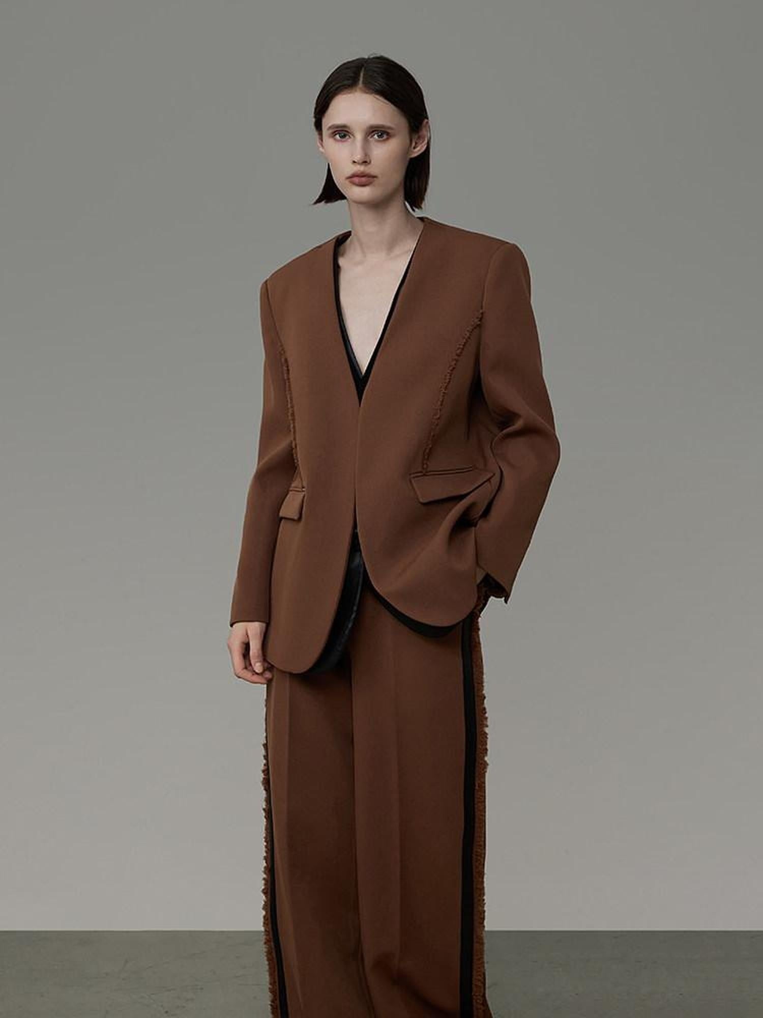 unspoken High Cotton Blend Minimalist Tailored Contrast Brown Black Women Top & Pants Sets
