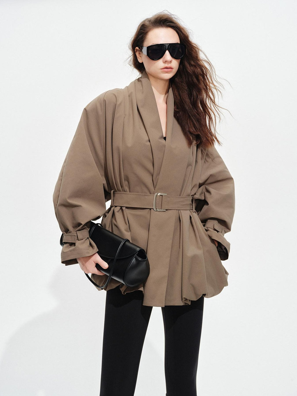 audreyyang Tie Front Vintage Oversized Batwing Sleeve Women Polyester Cropped Jackets