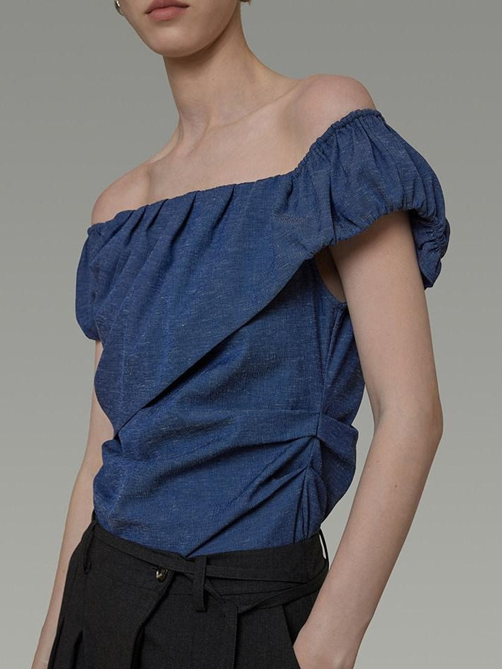 unspoken Wrinkle Resistant Minimalist Slim Asymmetrical Boat Neck Women Blue Blouses