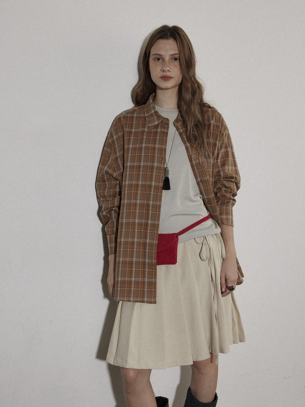 Lofi choose High Waist Vintage Pleated A Line Girly Office Apricot Polyester Midi Skirts