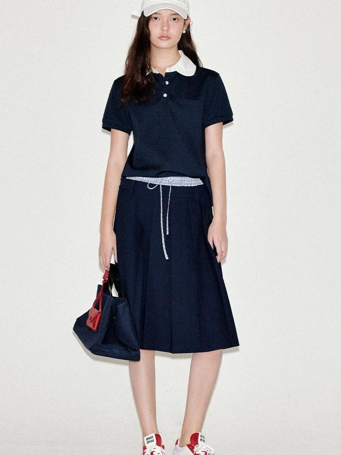 fano Patchwork Slim Korean Henley Neck Cross Navy Short Sleeve T-Shirts