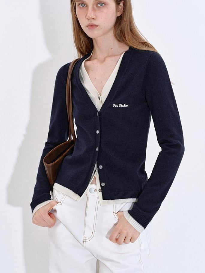 fano Embroidered Letter Slim V-neck Button For Teen Girls Navy Knit Cardigans