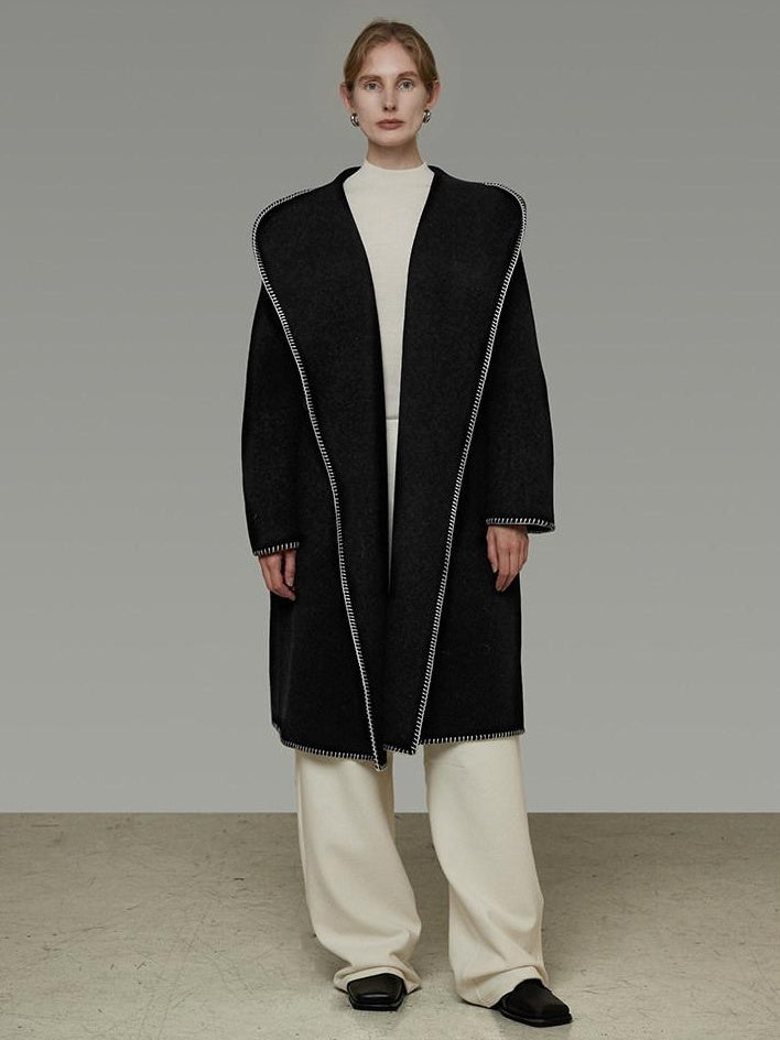 unspoken Cozy Minimalist Commuter Loose Hooded Midlength Women Black Tie Wool Coats