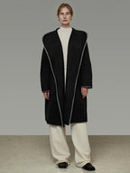 unspoken Cozy Minimalist Commuter Loose Hooded Midlength Women Black Tie Wool Coats