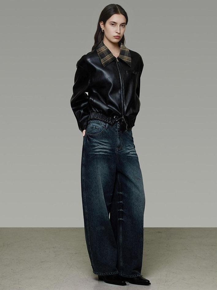 unspoken Commuter Loose Cropped Colorblock Patchwork Lapel Zipper Leather Jackets
